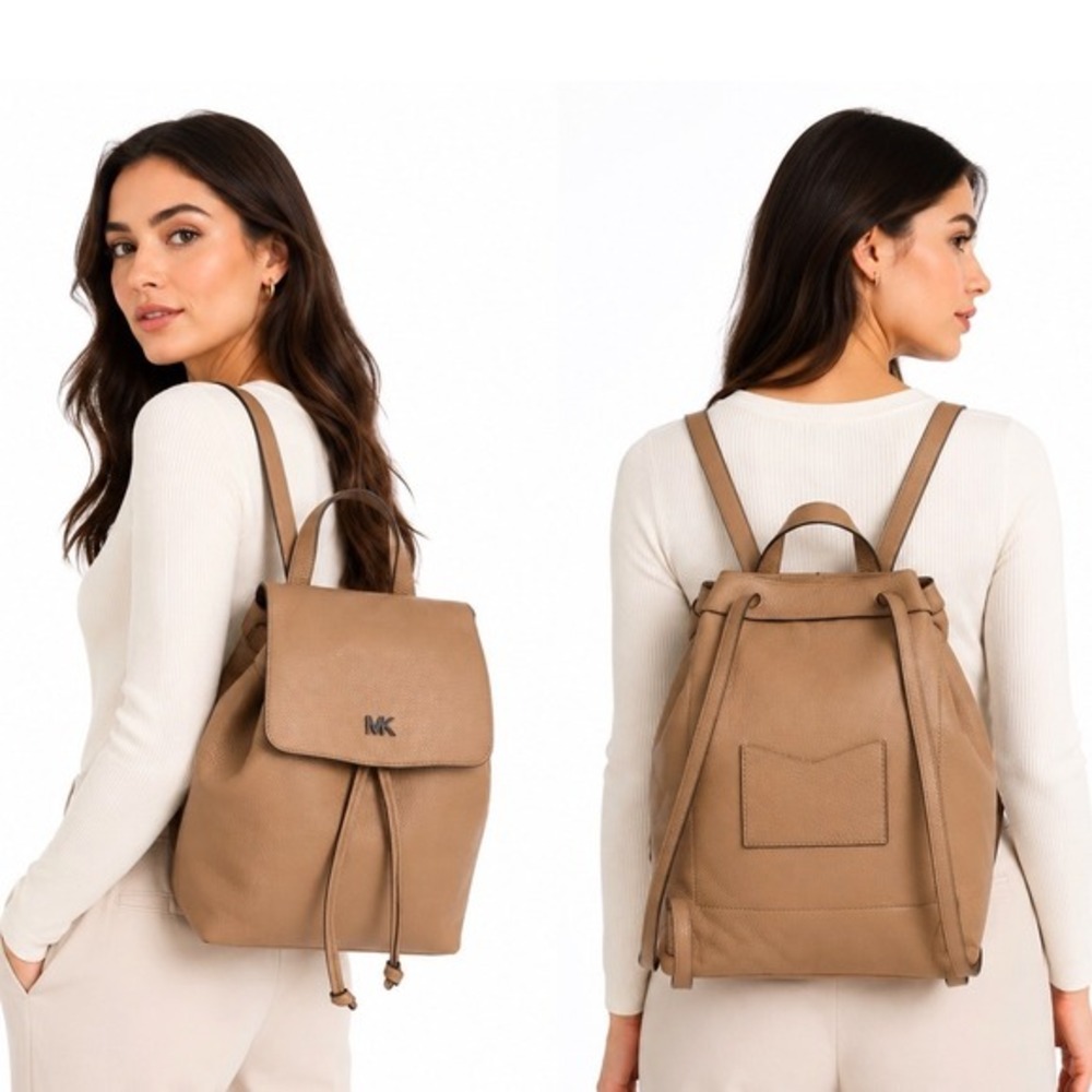 Michael Kors Pebbled Leather Drawstring Backpack Tan Beige MK Logo M‎ Chic 36